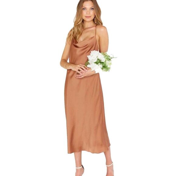 Show Me Your MuMu Verona Cowl Midi Dress‎ Luxe Satin Wedding Rose Gold Size XXS - Picture 1 of 9
